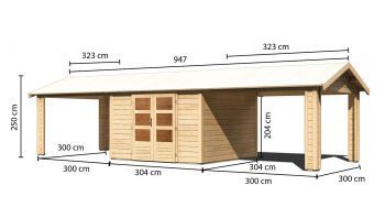 Dřevěný zahradní domek Karibu THERES 7 vč. dvou přístavku (31460) natur