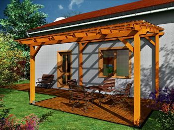 Pergola ke zdi domu, sklon krokví, polykarbonát