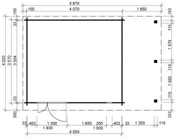 Zahradní domek Evald 400x350, dvoukřídlé dveře, přístřešek