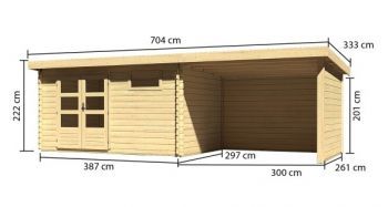 Dřevěný zahradní domek Karibu BASTRUP 8 přístavek 300cm včetně zadní a boční stěny (78677) natur