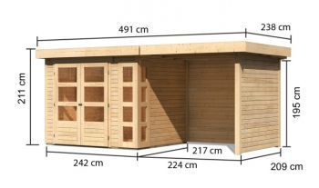 Dřevěný zahradní domek Karibu KERKO 3 přístavek 240 cm včetně zadní a boční stěny (82934) natur