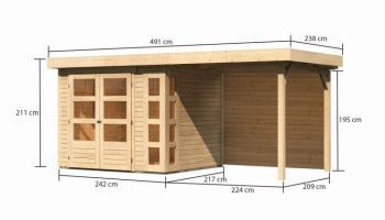 Dřevěný zahradní domek Karibu KERKO 3 přístavek 240 cm včetně zadní stěny (9185) natur