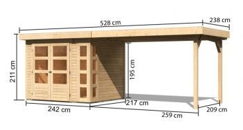 Dřevěný zahradní domek Karibu KERKO 3 přístavek 280 cm (82936) natur
