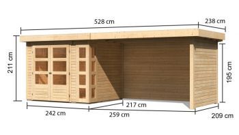 Dřevěný zahradní domek Karibu KERKO 3 přístavek 280 cm včetně zadní a boční stěny (82938) natur