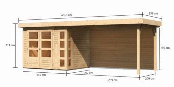 Dřevěný zahradní domek Karibu KERKO 3 přístavek 280 cm včetně zadní stěny (9187) natur
