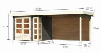 Dřevěný zahradní domek Karibu KERKO 3 přístavek 280 cm včetně zadní stěny (9188) terragrau