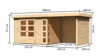 Dřevěný zahradní domek Karibu KERKO 4 přístavek 240 cm včetně zadní a boční stěny (82942) natur