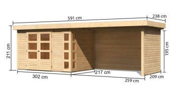 Dřevěný zahradní domek Karibu KERKO 4 přístavek 280 cm včetně zadní a boční stěny (82946) natur