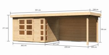 Dřevěný zahradní domek Karibu KERKO 4 přístavek 280 cm včetně zadní stěny (9191) natur