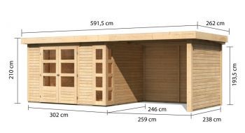 Dřevěný zahradní domek Karibu KERKO 5 přístavek 280 cm včetně zadní a boční stěny (9208) natur