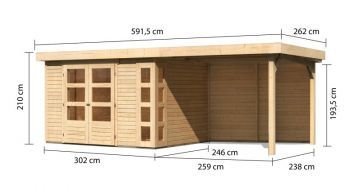 Dřevěný zahradní domek Karibu KERKO 5 přístavek 280 cm včetně zadní stěny (9206) natur