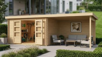 Dřevěný zahradní domek Karibu BASTRUP 8 přístavek 400 cm včetně zadní stěny (9319) natur