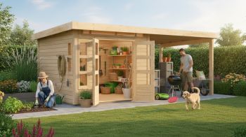 Dřevěný zahradní domek Karibu KASTORF 6 přístavek 320 cm (31542) natur