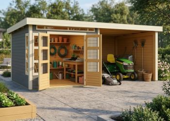 Dřevěný zahradní domek Karibu KASTORF 6 přístavek 320 cm včetně zadní a boční stěny (31549) terragrau
