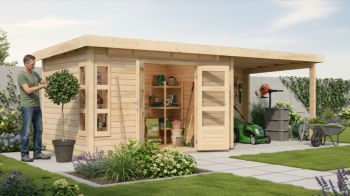 Dřevěný zahradní domek Karibu KASTORF 7 přístavek 320 cm včetně zadní stěny (31558) natur