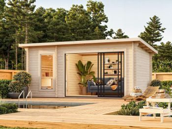 Finská sauna Sanna 12.8 m2 s posuvnými dveřmi s dvojitým sklem