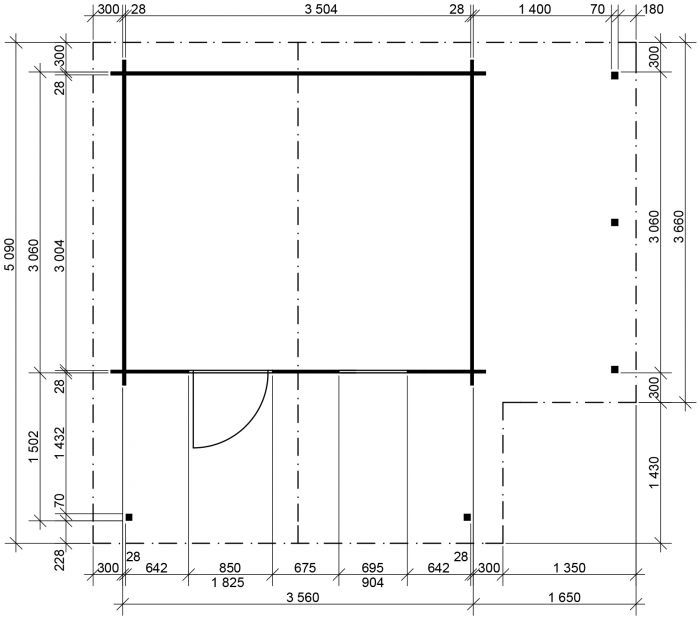 Zahradní domek Laura 350x300 Ekonomik, čelní přesah střechy 170 cm, přístřešek