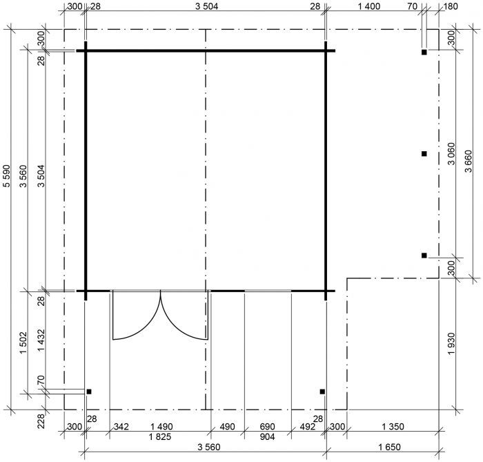 Zahradní domek Laura 350x350 Ekonomik, čelní přesah střechy 170 cm, dvoukřídlé dveře, přístřešek