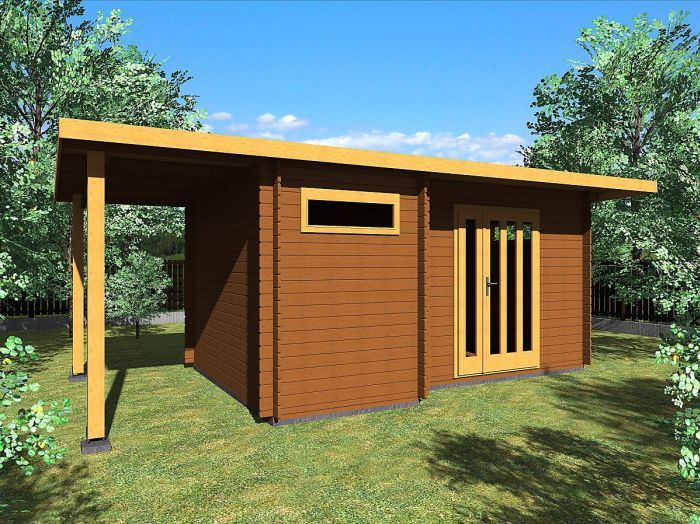 Zahradní domek Ueli 450x300 s dvoukřídlými dveřmi a s přístřeškem