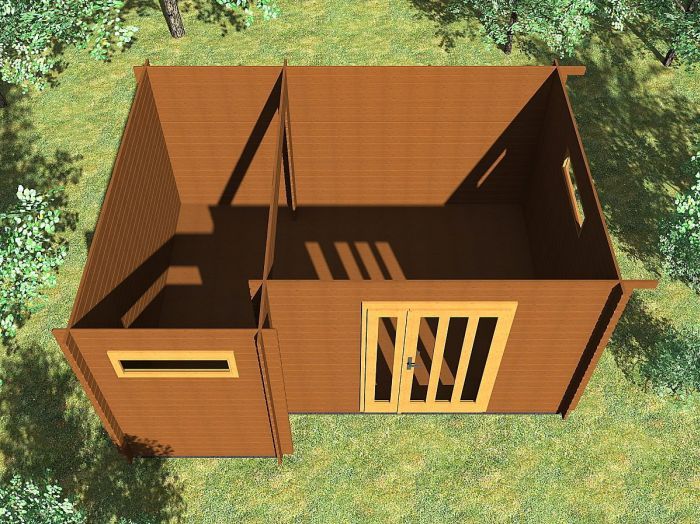 Zahradní domek Ueli 450x350 s dvoukřídlými dveřmi a s přístřeškem