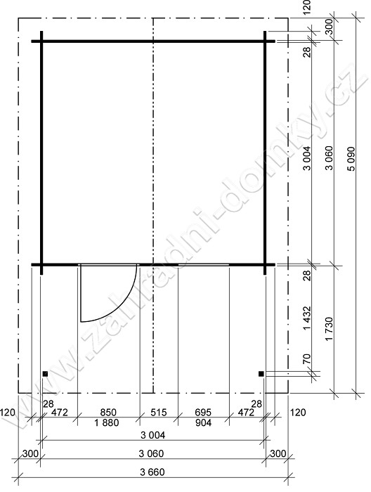 Zahradní domek Laura 300x300 Ekonomik, čelní přesah střechy 170 cm