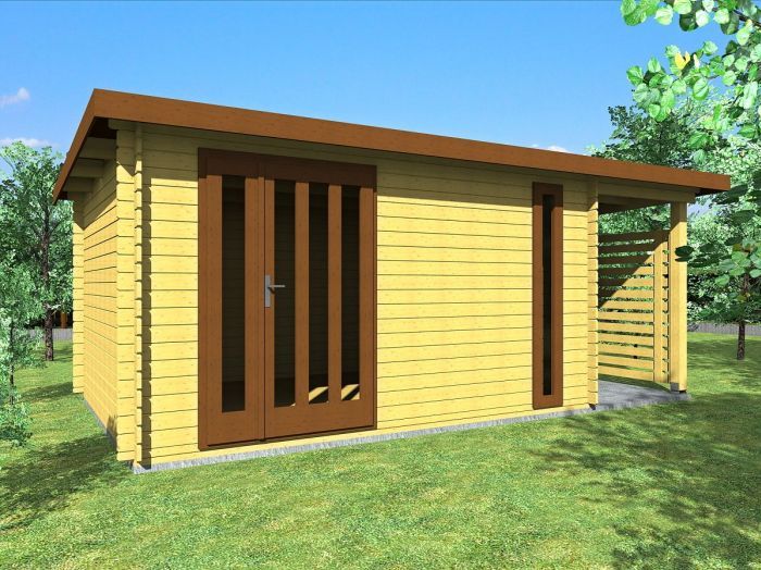 Zahradní domek Evald 400x300, dvoukřídlé dveře, přístavba
