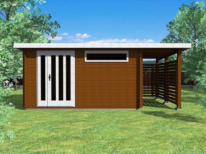 Zahradní domek Alfred 400x300 s dvoukřídlými dveřmi a s přístavbou