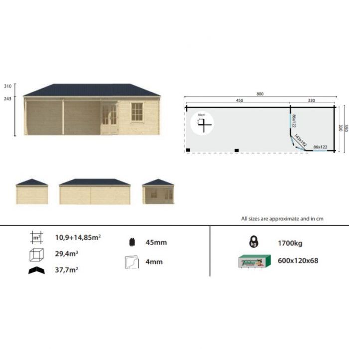 Zahradní domek Kennet 240x280 s přístřeškem