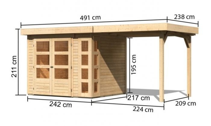 Dřevěný zahradní domek Karibu KERKO 3 přístavek 240 cm (82932) natur