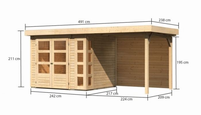 Dřevěný zahradní domek Karibu KERKO 3 přístavek 240 cm včetně zadní stěny (9185) natur