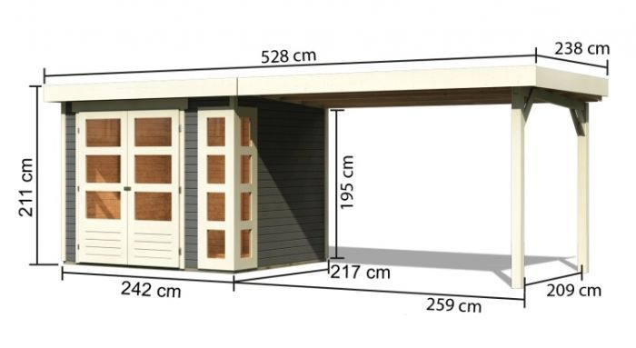 Dřevěný zahradní domek Karibu KERKO 3 přístavek 280 cm (82937) terragrau
