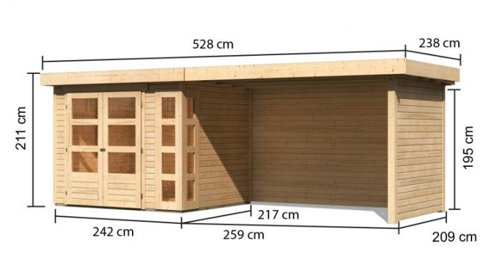 Dřevěný zahradní domek Karibu KERKO 3 přístavek 280 cm včetně zadní a boční stěny (82938) natur