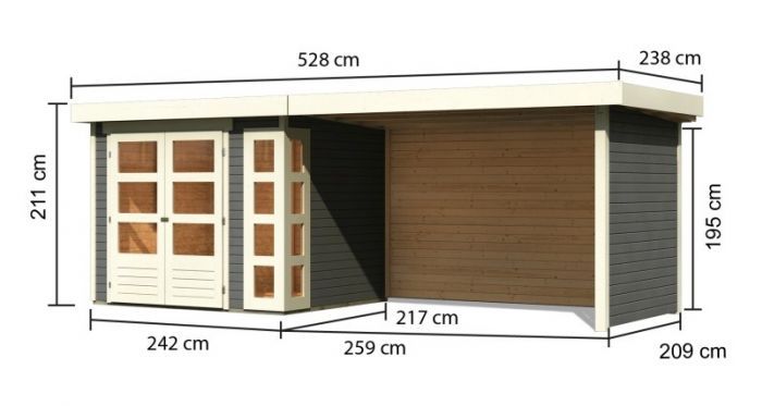 Dřevěný zahradní domek Karibu KERKO 3 přístavek 280 cm včetně zadní a boční stěny (82939) terragrau