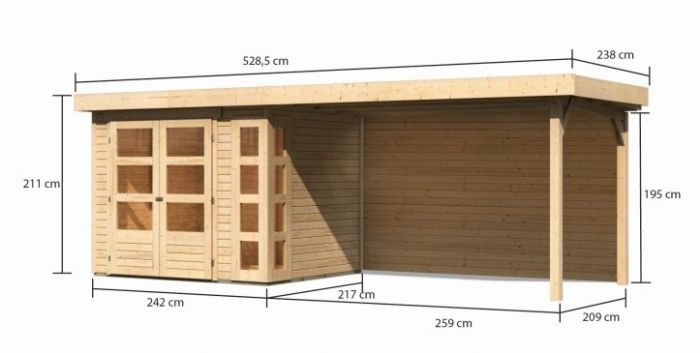Dřevěný zahradní domek Karibu KERKO 3 přístavek 280 cm včetně zadní stěny (9187) natur