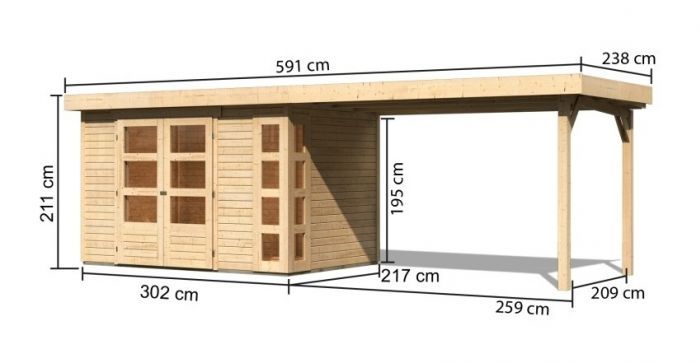 Dřevěný zahradní domek Karibu KERKO 4 přístavek 280 cm (82944) natur