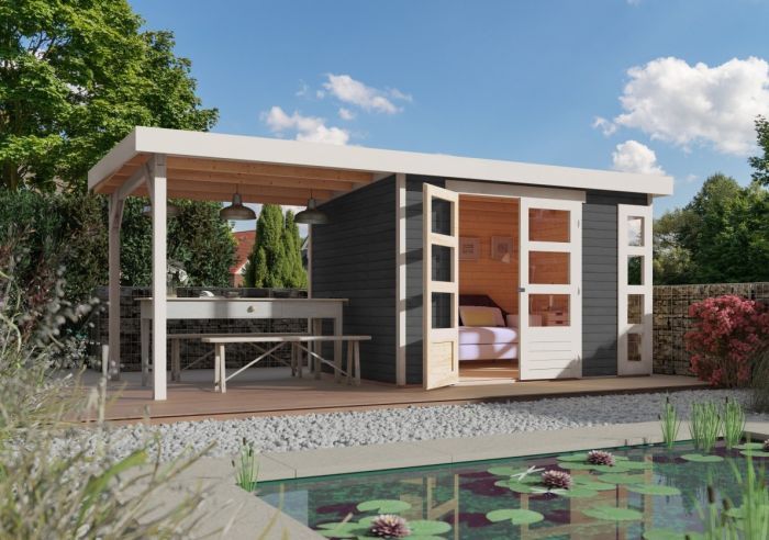 Dřevěný zahradní domek Karibu KERKO 4 přístavek 280 cm (82945) terragrau
