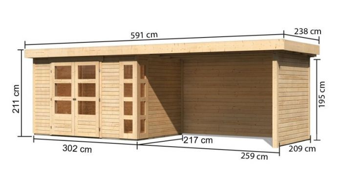 Dřevěný zahradní domek Karibu KERKO 4 přístavek 280 cm včetně zadní a boční stěny (82946) natur
