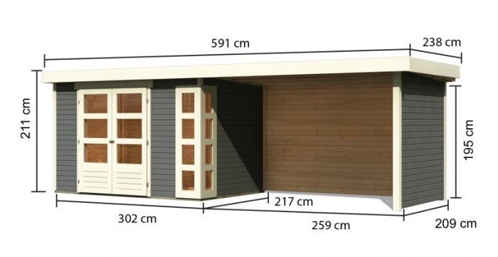 Dřevěný zahradní domek Karibu KERKO 4 přístavek 280 cm včetně zadní a boční stěny (82947) terragrau
