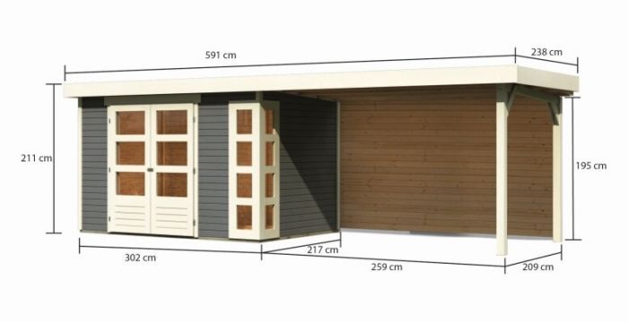 Dřevěný zahradní domek Karibu KERKO 4 přístavek 280 cm včetně zadní stěny (9192) terragrau