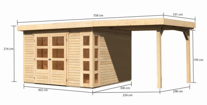 Dřevěný zahradní domek Karibu KERKO 6 přístavek 240 cm včetně zadní stěny (38733) natur