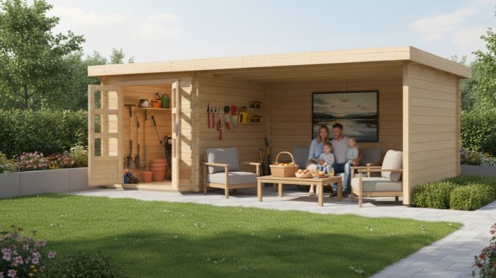 Dřevěný zahradní domek Karibu BASTRUP 4 přístavek 400 cm včetně zadní a boční stěny (9307) natur