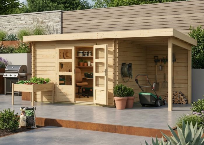 Dřevěný zahradní domek Karibu BASTRUP 7 přístavek 200 cm včetně zadní stěny (9313) natur