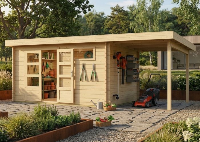 Dřevěný zahradní domek Karibu BASTRUP 8 přístavek 200 cm (78675) natur