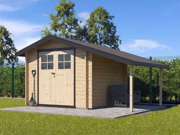 Zahradní domek Albert 250x250 Ekonomik s přístřeškem a dvoukřídlými dveřmi