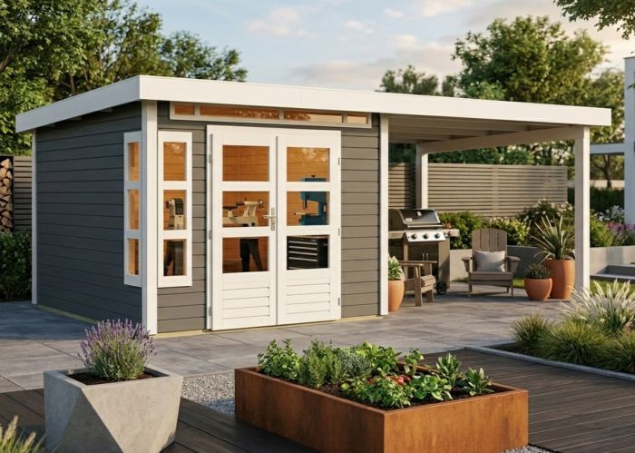 Dřevěný zahradní domek Karibu KASTORF 6 přístavek 320 cm (31543) terragrau