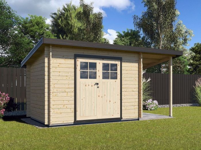Zahradní domek Robin 300x200 Ekonomik, dvoukřídlé dveře s přístřeškem
