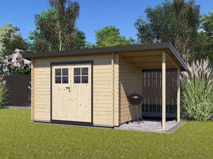 Zahradní domek Robin 300x200 Ekonomik, dvoukřídlé dveře s přístřeškem
