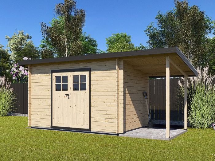 Zahradní domek Robin 350x200 Ekonomik, dvoukřídlé dveře s přístřeškem