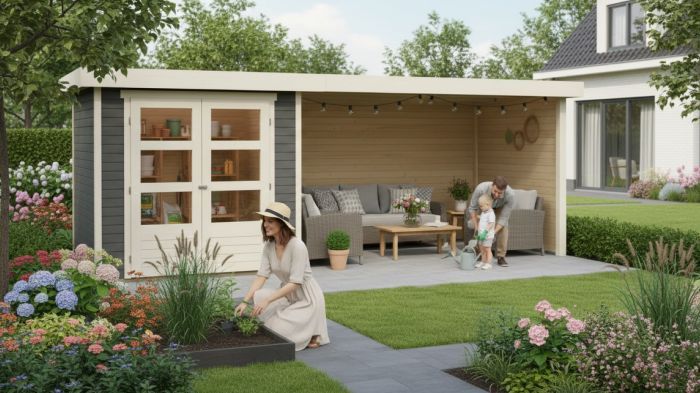 Dřevěný zahradní domek Karibu ASKOLA 3,5 přístavek 280 cm včetně zadní a boční stěny (9151) terragrau
